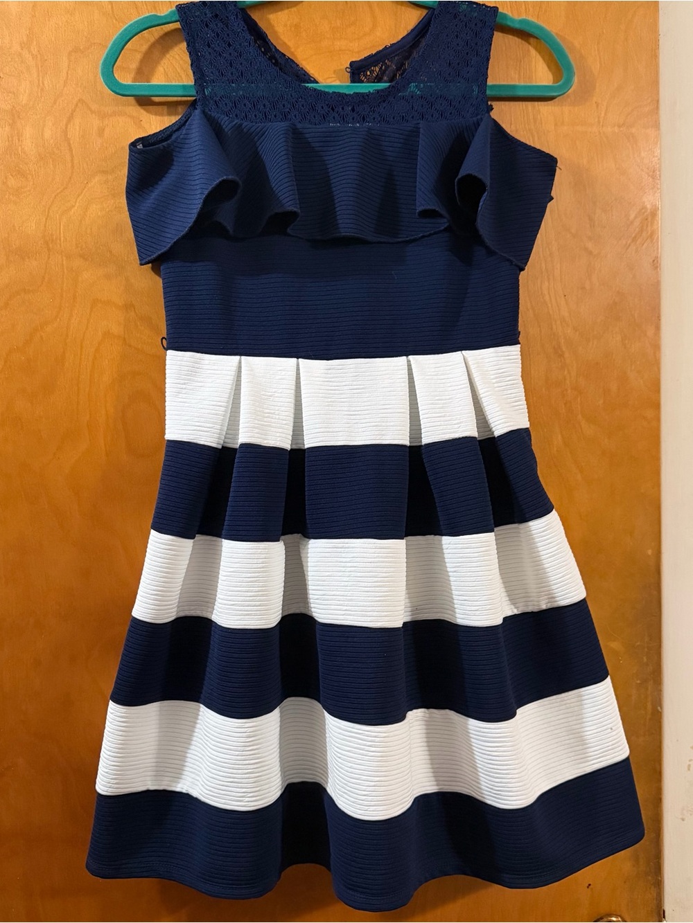 Knitworks Navy & White Striped Ruffle Off-Shoulder Dress
